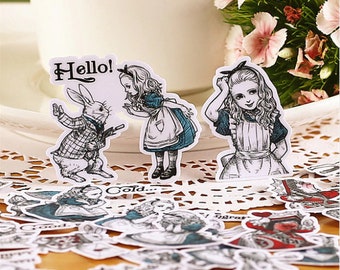 40 small Alice in Wonderland stickers - Pretty Alice in wonderland Lewis Carroll stickers