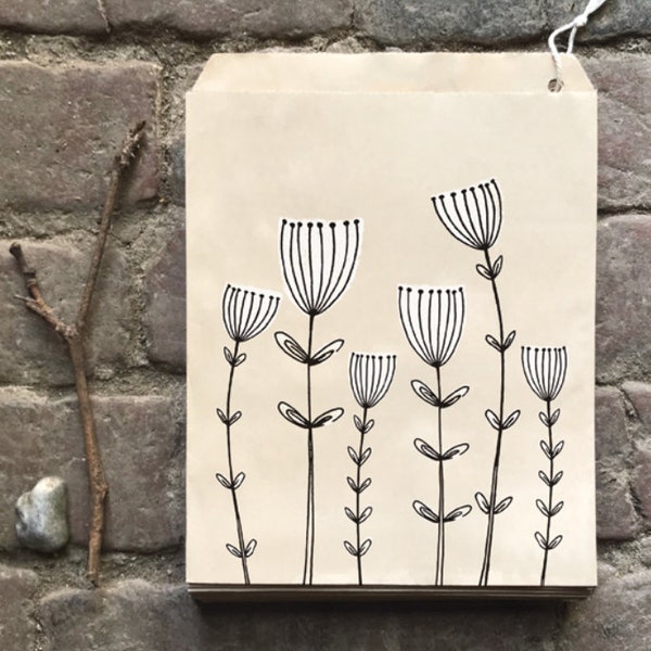 50 grandes pochettes kraft - Sachet emballage, sac papier avec fleurs stylisées pour un petit packaging naturel !