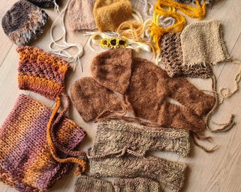 Newborn Photography Props Bundle: Handmade Knitted Bonnets, Blankets, Pants (Autumn Tones)