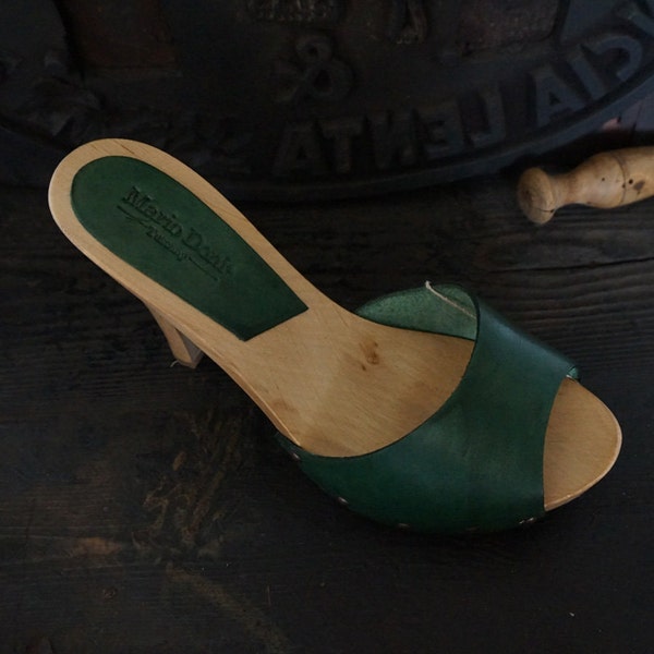 Handmade wooden clog in Vegetable tanned leather, made in Italy, clog with high heel, hand made, Mario Doni