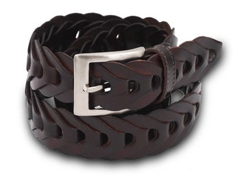 Men's Brown Braided Leather Belt, Handmade in Italy, Groomsmen, Leather Belt in Various Colors, Best Gift for Men