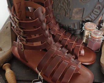 Mario Doni Men's Handmade Gladiator Sandals in Leather and Leather, Customizable Handmade Vegetable Tanned Leather Men's Sandal, Made in Italy