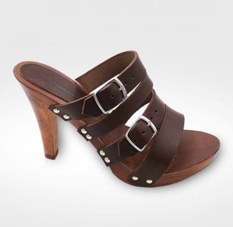 clog with high heel made in Italy Handmade wooden clog in Vegetable tanned leather Mario Doni hand made