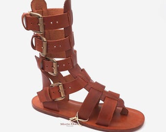 Mario Doni Men's Gladiator Sandals in Leather and Leather, Handmade Men's Sandals in Vegetable Tanned Leather, Customizable, Made in Italy