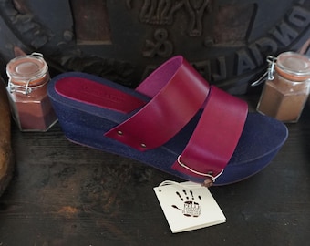 Zuecos de mujer en madera y cuero curtido vegetal Made in Italy, zueco de cuero hecho a mano mario doni con cuña, zueco de tacón de madera