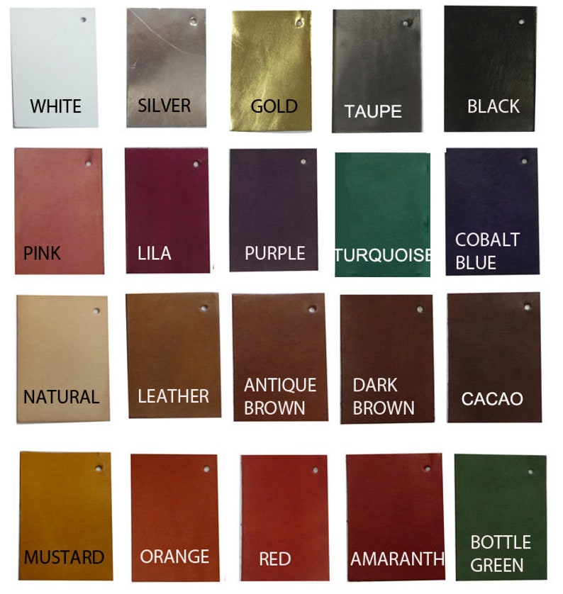 Pu&ograve; includere: Una cartella colori di 20 diversi colori di pelle, tra cui bianco, argento, oro, tortora, nero, rosa, lilla, viola, turchese, blu cobalto, naturale, pelle, marrone antico, marrone scuro, cacao, senape, arancione, rosso, amaranto e verde bottiglia.
