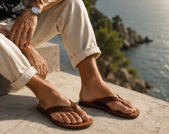 May include: A pair of brown leather flip-flops featuring wide, smooth straps and a flat sole. The footwear has a minimalist design with a simple thong-style construction, showcasing a rich, dark brown tone that contrasts with the light-colored sole edge.