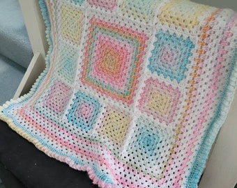 Crocheted blanket, granny square  with popcorn border, pink, white, blue, yellow, baby blanket, lap blanket, throw.