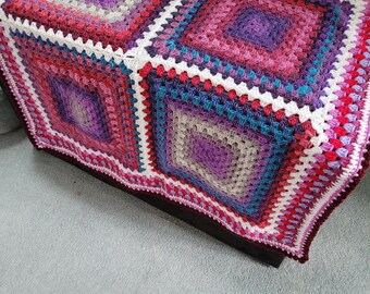 Crocheted granny square baby blanket, red, purple, white, crib blanket, pram blanket, lap blanket