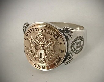 United States Army Ring 9 Carat Gold Emblem remainder of Ring Sterling  Silver  By  Sir Yes Sir