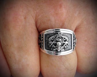 Masonic Ring for Men Skull Design Sterling Silver Cigar Band Style