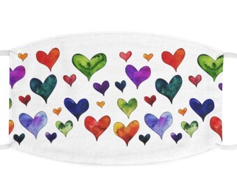 Random Valentine Hearts Washable Face Mask, Reusable Breathable Cloth Fabric Face Covering, Adjustable Fabric Mask, Watercolor Heart Print
