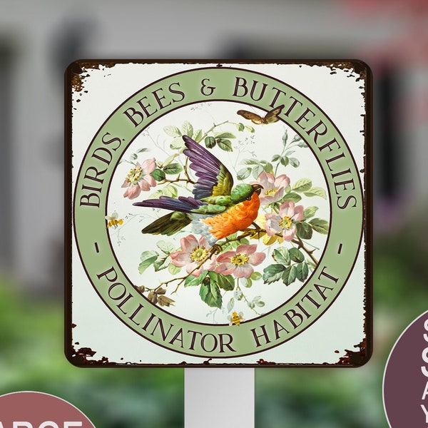 Birds Bees Butterflies Pollinator Habitat, Vintage Art, Bird Garden Sign, Pesticide Free, Butterfly Flower Sign, Summer Garden Art Farm Sign