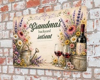 Grandma’s Backyard Retreat, Personalized Garden Sign, Custom Watercolor Floral Outdoor Decor, Aluminum Patio Wall Sign, Gift for Grandma