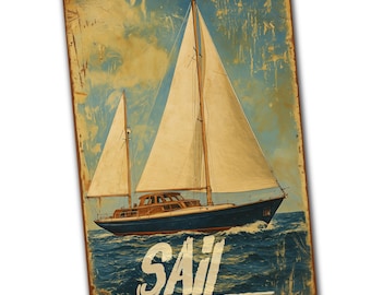 Letrero de velero vintage, arte mural náutico, bandera para casa de barco oceánico, decoración de metal costera para casa de playa o cabaña en el lago, regalo para amantes de los veleros.