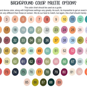 May include: A color palette chart with 89 different color swatches. The swatches are arranged in a grid of 9 columns and 10 rows. The colors range from light to dark and include shades of green, blue, yellow, orange, red, pink, and brown.