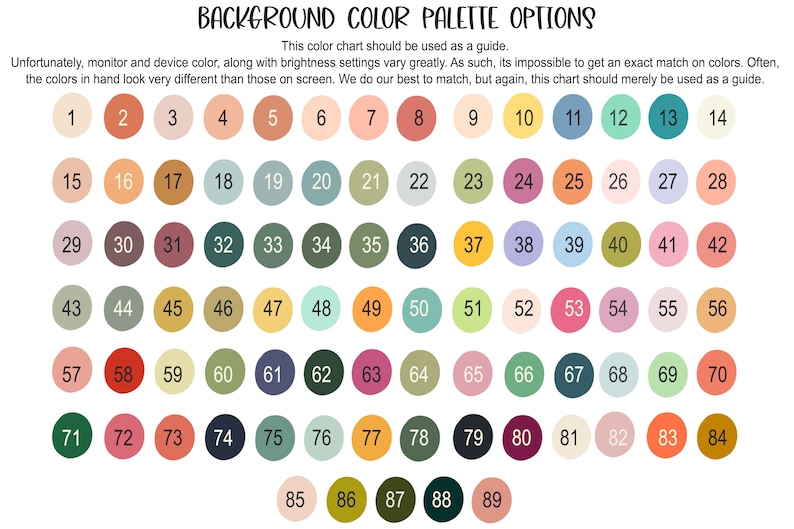 May include: A color palette chart with 89 different color swatches. The swatches are arranged in a grid of 9 columns and 10 rows. The colors range from light to dark and include shades of green, blue, yellow, orange, red, pink, and brown.