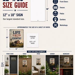 The image is a size guide for a 12" x 18" sign, providing dimensions and examples of how the sign can be used.