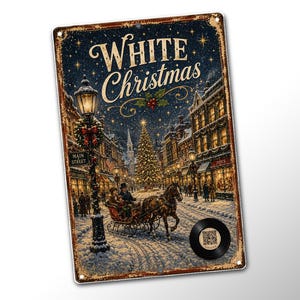 White Christmas Scan & Play Sign, Christmas Music Wall Decor, QR Code Song Sign, Vintage Holiday Street Scene, Sleigh Ride Christmas Decor