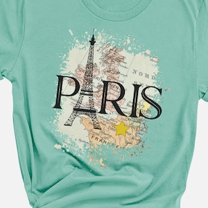 Tour Eiffel Paris France carte chemise, voyage en famille Paris 2024 t-shirt cadeau femme, chemise de voyage lune de miel française, voyage filles cadeau meilleur ami