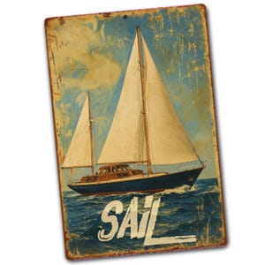 Vintage Sailboat Sign, Nautical Sailing Wall Art, Ocean Boat House Flag, Beach House or Lake Cabin Coastal Metal Decor, Sail Boat Lover Gift