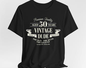 May include: A black short-sleeve t-shirt featuring white text that reads Premium Quality Aged 50 Years Vintage Dude The Man The Myth The Legend Wisdom Experience Courage 60% / Ability 40%. The graphic is centered on the front of the shirt.