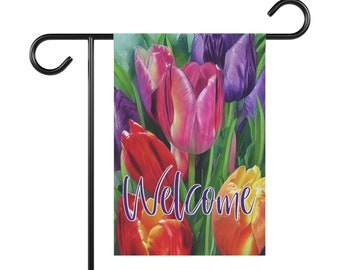 Tulips Welcome Garden Flag, Garden Art, Tulip Print Garden Decoration, Porch Flag, House Flag, Grandma Garden Outdoor Flag, Farmhouse Flag
