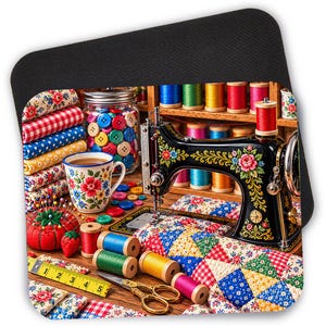 May include: A black sewing machine with floral decals, a jar of colorful buttons, spools of thread, a floral mug, a red pincushion, a yellow measuring tape showing 5 inches, gold scissors, and a patchwork quilt with red, blue, and yellow patterns.