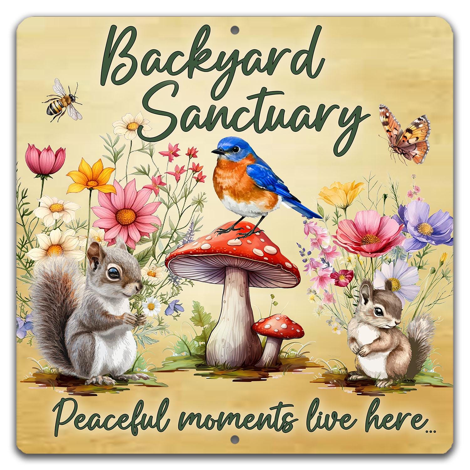 Backyard Sanctuary Outdoor Sign, Garden Decor with Bird & Woodland Animals, Peaceful Nature Sign, Gift for Garden Lovers, Metal Yard Sign
