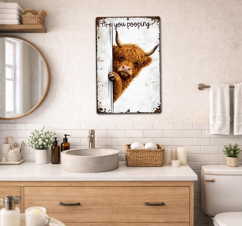 Are You Pooping Highland Cow Sign, Funny Peeking Bathroom Decor, Rustic Farmhouse Humor image 8