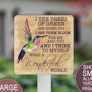 Wonderful World Sign Hummingbird Gift, Yard Sign, Decorative Flower Garden Lawn Decor, Metal Garden Sign, Mom Gift, Sheet Music, Song Lyric