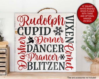 Reindeer Names Country Christmas Sign Whitewashed Fir Wood 10" Square, Holiday Sign Christmas Decoration, Christmas Mantle, Xmas Wall Decor