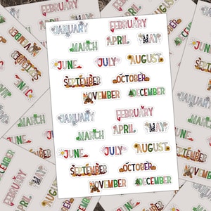 Months Of The Year Sticker Sheet Set, Monthly Stickers For Planning Stickers Journal, Month Sticker,  24 Month Labels, Cute Doodle Letters