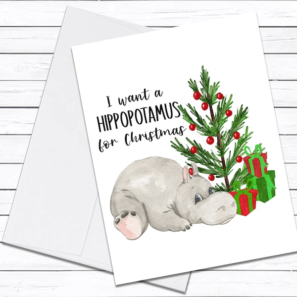 I Want A Hippopotamus For Christmas, Holiday Cards, Christmas Saying on Funny Christmas Card, Christmas Tree, Xmas Card, Christmas Card Set