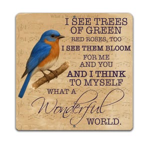 Wonderful World Sign Bluebird Gift, Bird Yard Sign, Decorative Flower Garden Lawn Decor, Metal Garden Sign, Mom Gift, Song Lyric Sheet Music