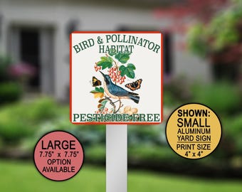 Bird & Pollinator Habitat, Vintage Warbler Art, Bird Garden Sign, Pesticide Free, Flower Sign, Butterfly Sign, Summer Garden Art, Farm Signs