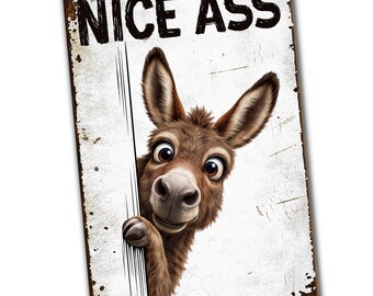 Nice Ass Funny Peeking Donkey Sign, Metal Bathroom Decor, Rustic Farmhouse Toilet Humor