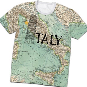 Italien-Reise-Shirt, Italien-Hemd, italienisches Abenteuer-Hemd, schiefer Turm von Pisa, alte Weltkarte, beste Freundin Geschenk, grafisches T-Shirt Geschenk für Frau