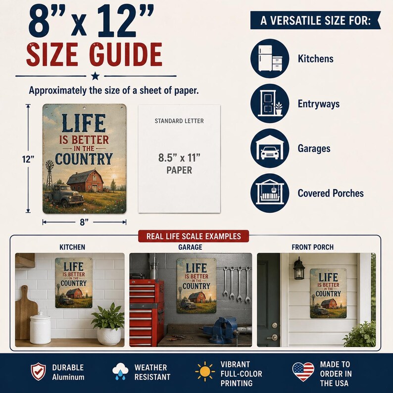 The image is a size guide for a sign that says "Life is better in the country" with various examples of the sign's size in different settings.