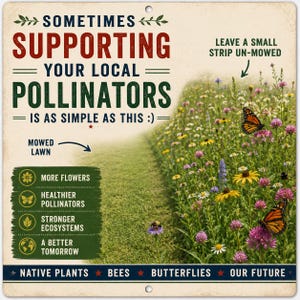 The image is a sign promoting the importance of supporting local pollinators, such as bees and butterflies, by leaving a small strip of grass un-mowed. The sign features a field of colorful wildflowers and butterflies, along with text that encourages people to support pollinators and maintain native plants.
