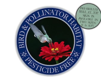 Bird & Pollinator Habitat Pesticide Free Garden Sign, Hummingbird Red Flower Garden Art Pollinator Signs, Outdoor Metal Art Farmhouse Sign