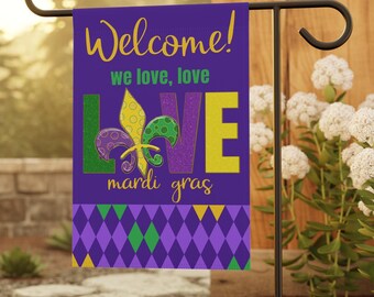 Mardi Gras Double-Sided Garden Flag, Welcome Yard Flag, Fleur de Lis Love , Carnival Party Yard Banner, Fat Tuesday Party Flag