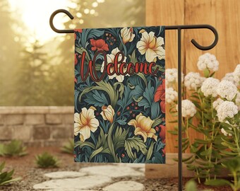 Floral Garden Double-Sided Flag, Vintage-Inspired Yard Decor, Arts and Crafts Style Welcome , Outdoor Banner, Botanical Patio