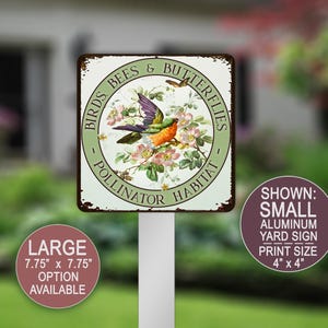 Birds Bees Butterflies Pollinator Habitat, Vintage Art, Bird Garden Sign, Pesticide Free, Butterfly Flower Sign, Summer Garden Art Farm Sign image 1