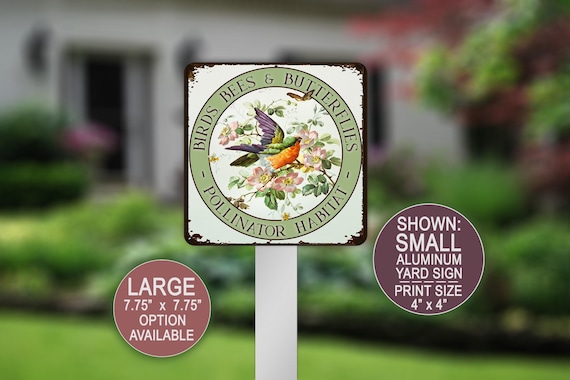 Birds Bees Butterflies Pollinator Habitat, Vintage Art, Bird Garden Sign, Pesticide Free, Butterfly Flower Sign, Summer Garden Art Farm Sign