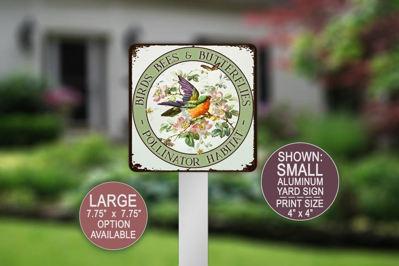 Birds Bees Butterflies Pollinator Habitat, Vintage Art, Bird Garden Sign, Pesticide Free, Butterfly Flower Sign, Summer Garden Art Farm Sign image 1