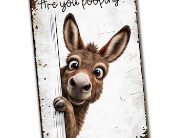 Are You Pooping Donkey Sign, Funny Farm Animal Decor, Peeking Donkey Rustic Metal Sign, Farmhouse Bathroom Humor Wall Art