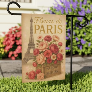 Fleurs de Paris Vintage Flag or Sign, French Market Flower Crate, Eiffel Tower Art, Peonies Ranunculus Decor, Marché aux Fleurs Gift for Mom