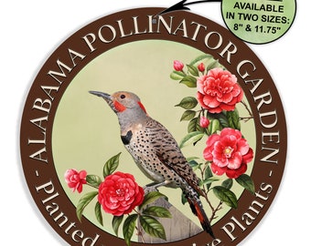 Alabama Native Plants Metal Garden Sign, Pollinator Garden, Camellia State Flower, Northern Flicker Bird Farmhouse Decor, Plant Lover Gift