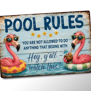 Pool Rules Flamingo Sign, Funny Pool Decor, Tropical Poolside Metal Sign, Summer Patio Wall Art